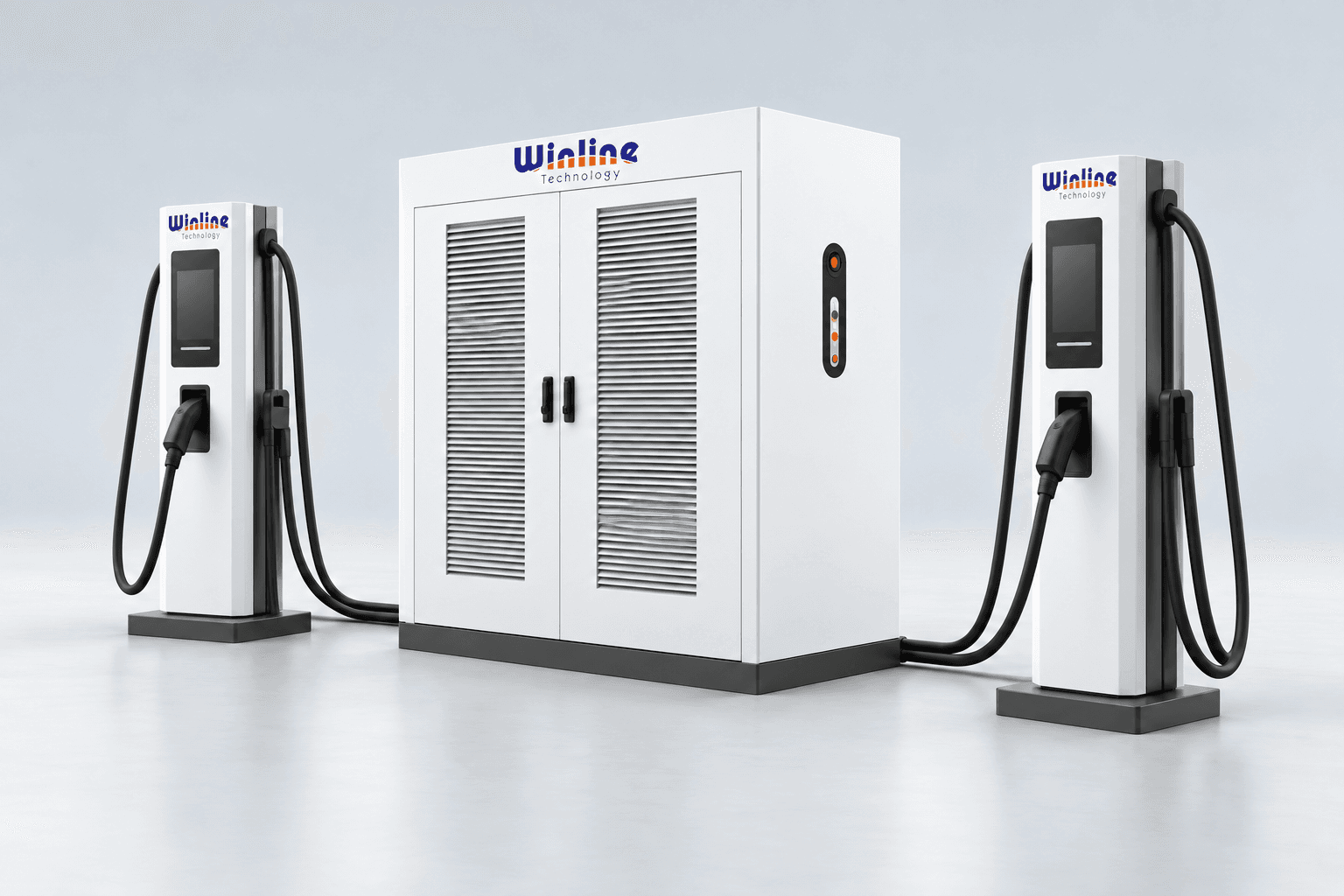 AI-generated illustration: Central power cabinet, charging terminals and cables